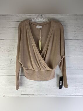 New women's Korye soft knit wrap blouse in beige, open-front style, size XS.